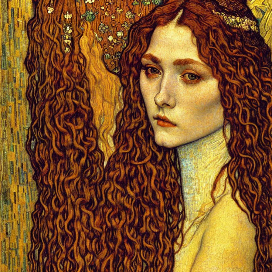 Image similar to detailed realistic beautiful young medieval queen face portrait by jean delville, gustav klimt and vincent van gogh, art nouveau, symbolist, visionary, gothic, pre - raphaelite, muted earthy colors, desaturated