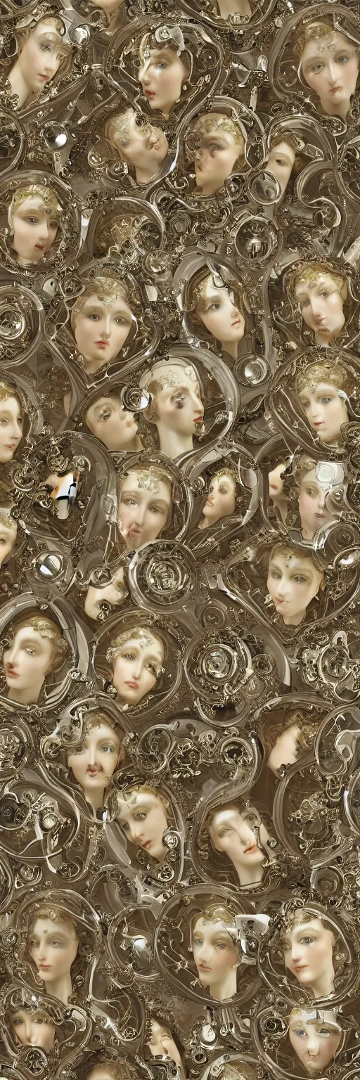 Prompt: seamless pattern of beautiful cybernetic baroque robots, beautiful baroque porcelain faces + body is clear plastic, inside organic robotic tubes and parts, front facing, wearing translucent baroque rain jackets, rococo frame + symmetrical composition + intricate details, hyperrealism, wet, reflections + by alfonse mucha, no blur