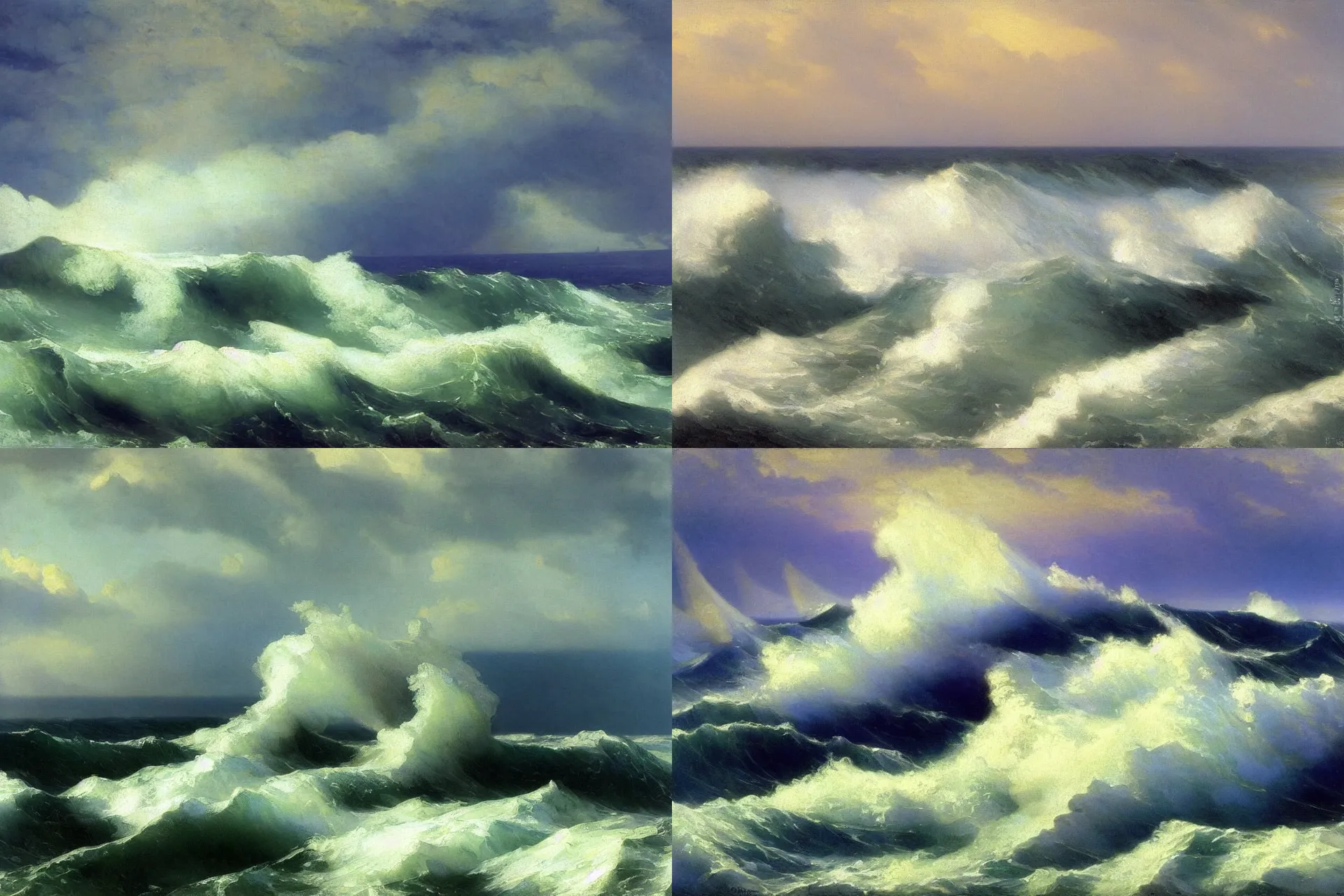 Prompt: stormy sea by Frederick Judd Waugh and ivan Aivazovki