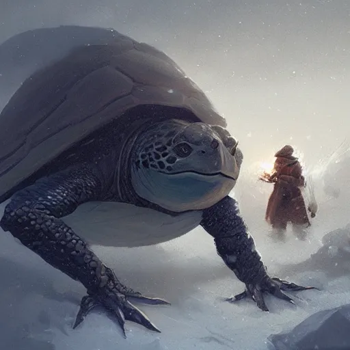 Image similar to anthropomorphic turtle humanoid, carapace, greg rutkowski, blizzard, winter, night, furs, fantasy