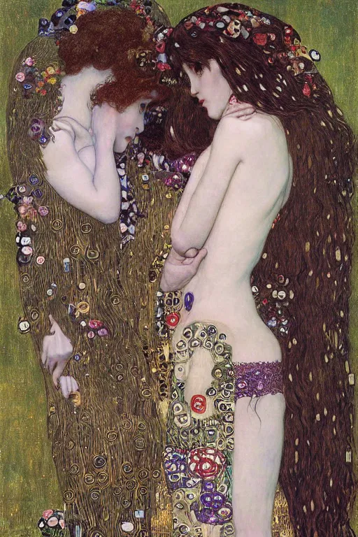 Image similar to two beautiful young gothic maidens, angel and demon, kiss, highly detailed, artstation, illustration, art by Gustav Klimt