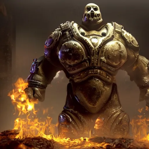 Prompt: burger king kurger bing creepy king mascot in gears of war, cinematic shot