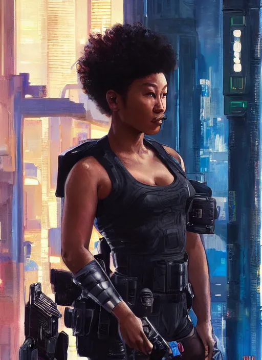 Image similar to black chun li. cyberpunk police trooper in a military vest ( blade runner 2 0 4 9, cyberpunk 2 0 7 7 ). orientalist portrait by john william waterhouse and james gurney and theodore ralli and nasreddine dinet, oil on canvas. cinematic, hyper realism, realistic proportions, dramatic lighting, high detail 4 k