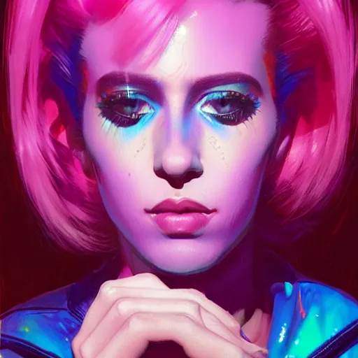 Image similar to hologram punk woman is interested, with cute - fine - face, pretty face, oil slick hair, realistic shaded perfect face, extremely fine details, by realistic shaded lighting, dynamic background, poster by ilya kuvshinov katsuhiro otomo, magali villeneuve, artgerm, jeremy lipkin and michael garmash and rob rey, and silvain sarrailh