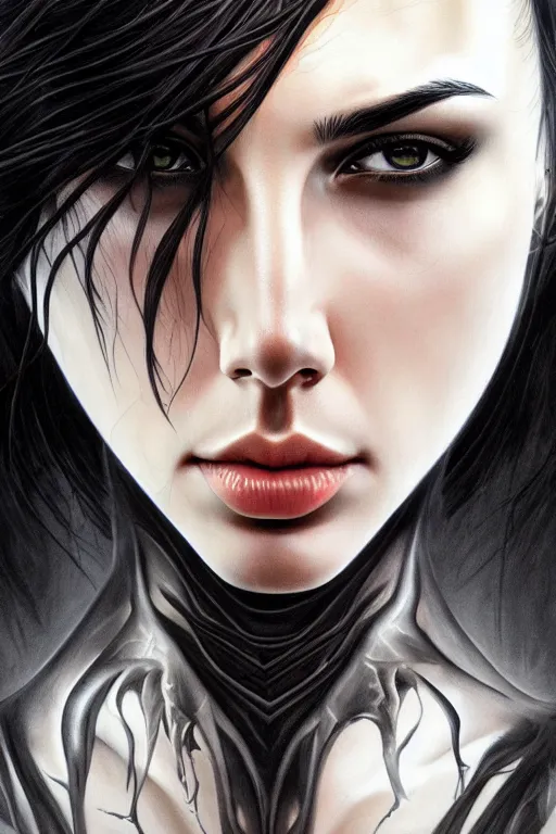 Image similar to very very beautiful longshot photo of chthonic Gal Gadot with demonic eyes and black veins, intricate, elegant, highly detailed, artstation, concept art, smooth, sharp focus, illustration, art by artgerm, Ayami Kojima, Beksinski, Giger