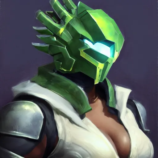 Image similar to greg manchess portrait painting of partially armored jade from mortal kombat wearing a half mask as overwatch character, medium shot, asymmetrical, profile picture, organic painting, sunny day, matte painting, bold shapes, hard edges, street art, trending on artstation, by huang guangjian and gil elvgren and sachin teng