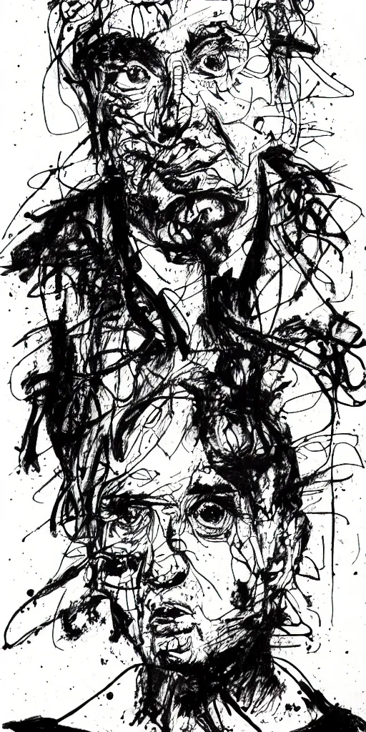 Image similar to a loose wild messy ink sketch portrait of a self portrait in the style of ralph steadman, caricature, dramatic