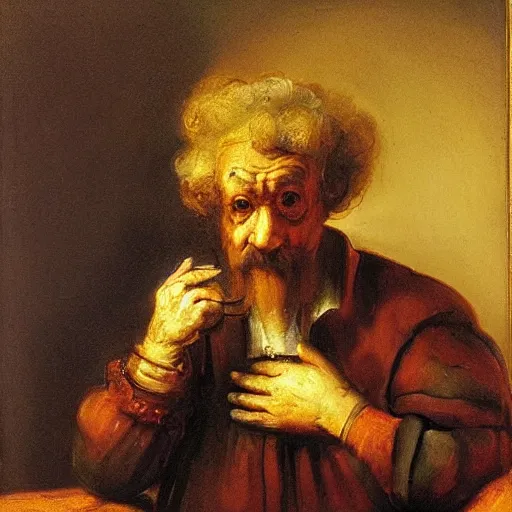 Prompt: fred flinstone, oil color by rembrandt