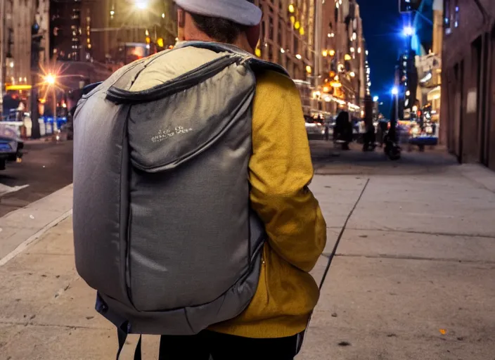 Image similar to photography of a Cat being carried in an half open backpack . in a new york street. award winning photo, led lighting, night, 130mm, sharp, high res