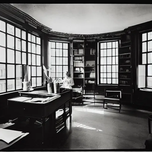 Image similar to 1920, a beautiful architecture, inside an elegant female writer room, Remington typewriter, many plants, piles of books, beautiful light, long shadows, 35 mm lens