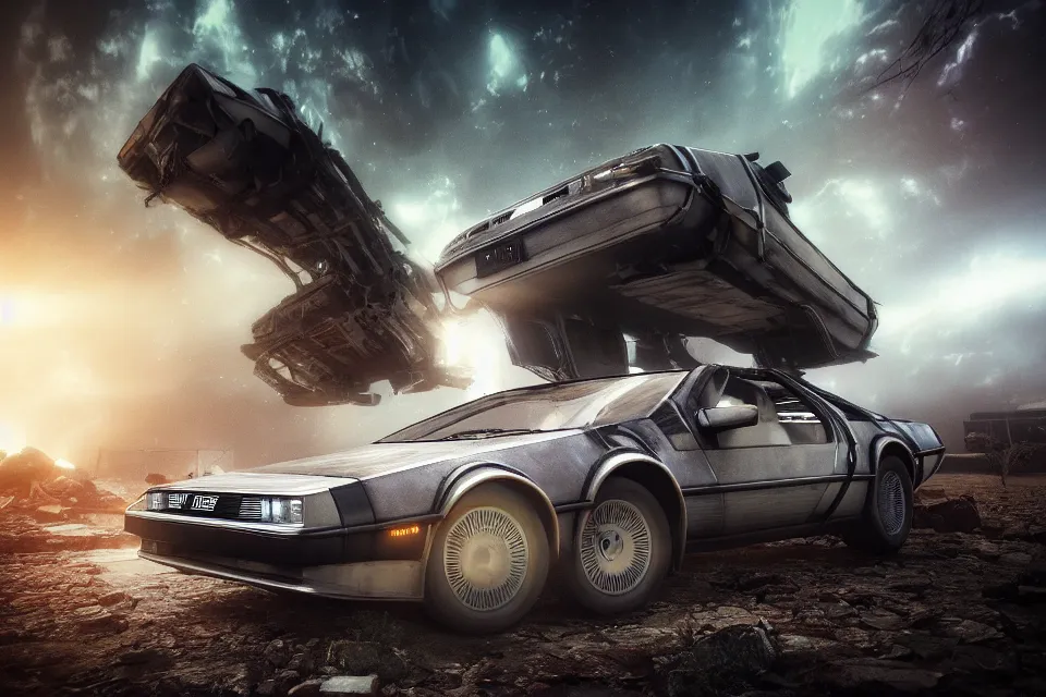 Image similar to delorean dmc 5 next to ancient space ship wreck horror, dark cinematic, volumetric, realistic, 3 d render, realistic render, cinematic lighting, volumetric lighting, atmospheric, cinematic, unreal engine, unreal engine render, octane render, hd, photorealism, hyper realistic, photo, 8 k