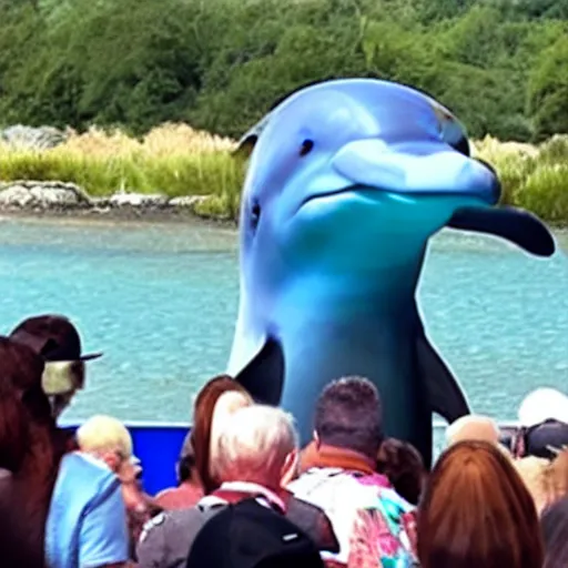 Image similar to a politician with a dolphin head talking to a crowd of Americans