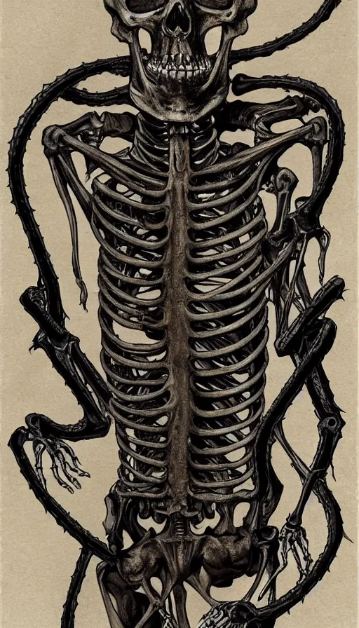 Image similar to full - body portrait of a creepy realistic human skeleton wearing many black snakes and other reptiles as clothing, traditional art, dark, surrealism, german romanticism style, ornate and elegant, hightly detailed