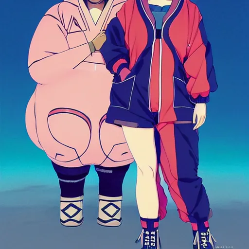 Image similar to a beautiful plus sized model japanese natalie portman, alluring, wearing oversized mayan bomber jacket and leotard with overalls, bulky poofy bomber jacket with mayan patterns, aztec street fashion, gapmoe yandere grimdark, trending on pixiv fanbox, painted by greg rutkowski makoto shinkai takashi takeuchi studio ghibli, akihiko yoshida
