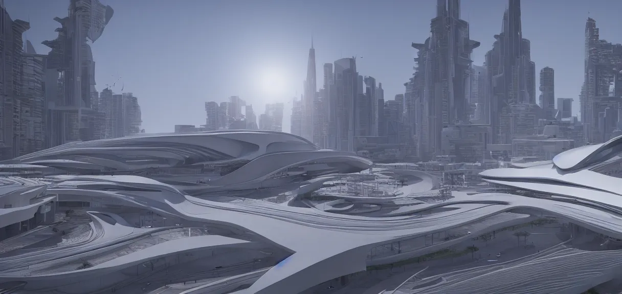 Prompt: a half moon in the sky shining on a white museum by zaha hadid in the cyberpunk city, cinematic, realistic, render in unreal engine 5