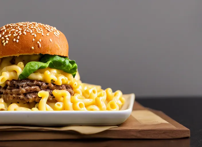 Prompt: dslr food photograph of hamburger over a bed of macaroni and cheese, thanos themed 8 5 mm f 1. 8