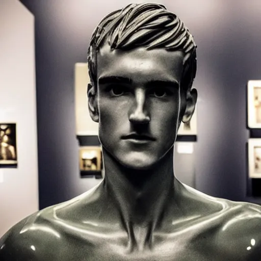 Image similar to “ a realistic detailed photo of a guy who is an attractive humanoid who is half robot and half humanoid, who is a male android, soccer player antoine griezmann, shiny skin, posing like a statue, blank stare, at the museum, on display ”