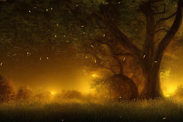 Prompt: masterpiece painting, fireflies vortex illuminating an old antic oak forest at night, peaceful scene, 8 k octane render, atmospheric effects, by jean hugo, artstation, deviantart