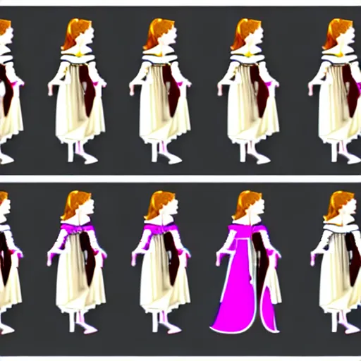 Image similar to walking animation sprite sheet of a girl in a renaissance dress, walking to the right, each sprite is a different frame of the animation