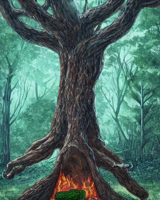 Image similar to a giant relaxed tree monster laying down in a firewood - fire, digital art, high detail