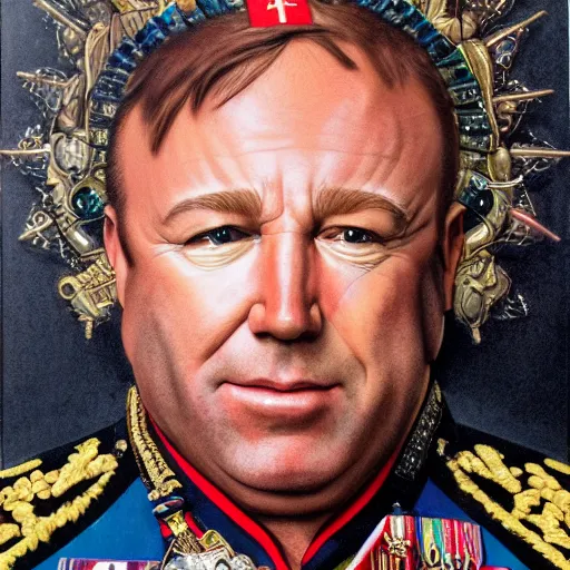 Prompt: UHD hyperrealistic impressive photo of Alex Jones, dressed as a highly decorated general, wearing authentic medals, correct face, accurate face, intricate details, ornate attire, in the warroom, by Ayami Kojima, Amano, Karol Bak, Greg Hildebrandt, and Mark Brooks, by Antonio Caparo and Ferdinand Knab and Greg Rutkowski UHD photorealistic trending on artstation