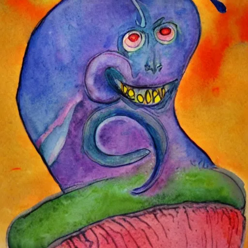 Prompt: whimsical watercolor painting of a demon, in the style of a. a. milne