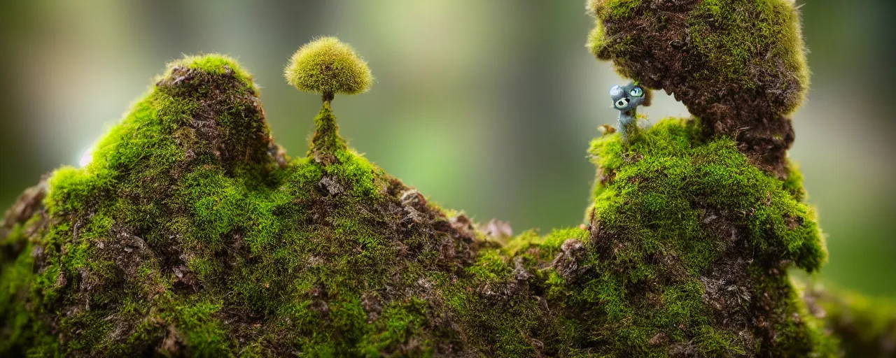 Image similar to a tiny cute mossy forest creature by bobby chiu, at sunset, macro photography, goro fujita
