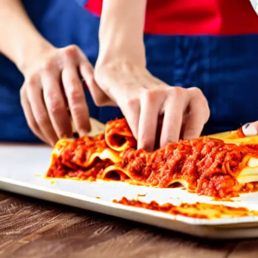 Image similar to woman cutting a lasagna in pieces