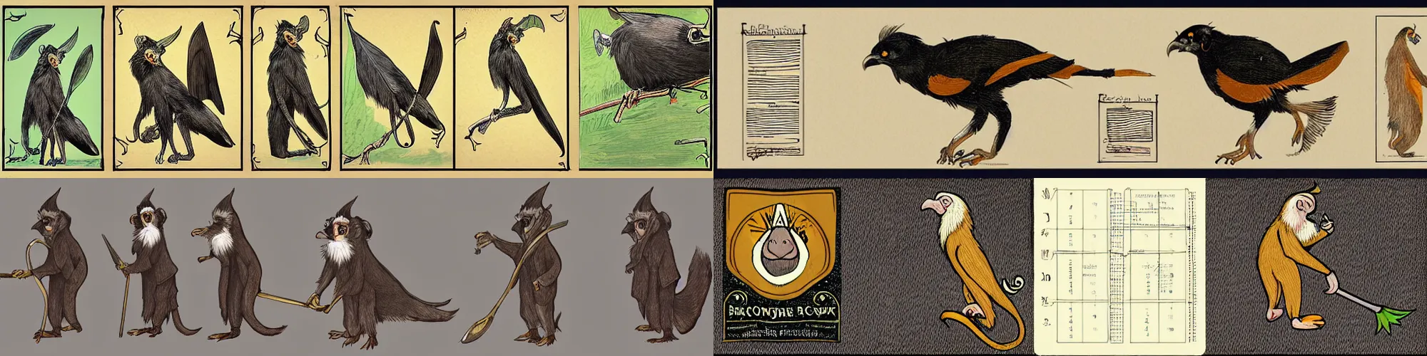 Prompt: character sheet of long - eared crow monkey wearing raincoat and using pitchfork, poses, tonalist style, art nouveau illustration