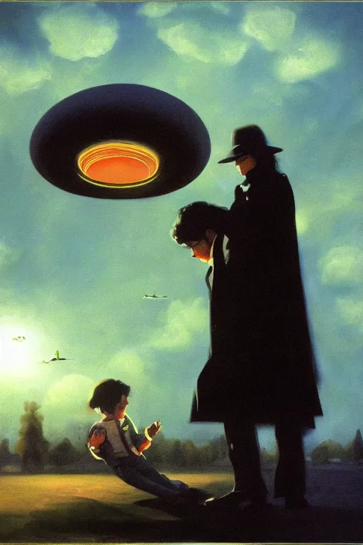 Prompt: flying saucer ufo abducting michael jackson from a playground masterpiece, dramatic light and shadow, saturated colors, ciaroscuro. painted by anders zorn