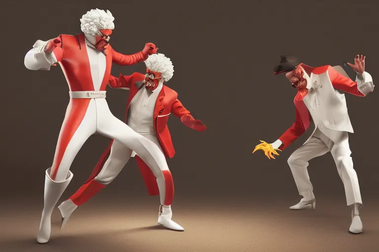 Image similar to ronald macdonald fighting colonel sanders, hyper real, 8 k, octane render, vivid, bright, photo realistic