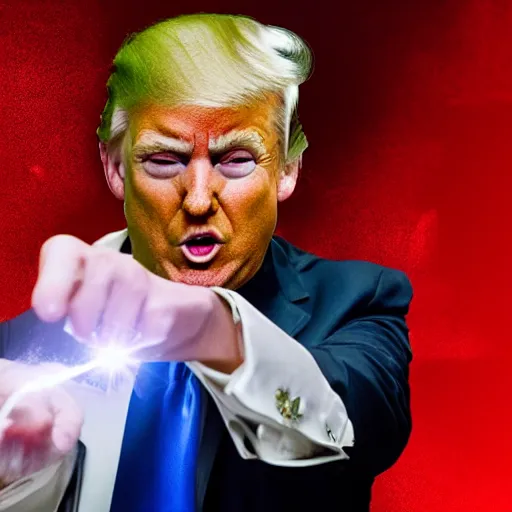 Image similar to a photograph of donald trump with laser eyes pointing a gun at the camera