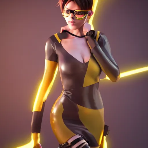 Image similar to tracer in a skintight dress, octane render, rendered in octane, highly detailed, unreal engine 5, rendered by octane engine, cgsociety, trending on artstation, cinematic lightning, volumetric lightning, highly detailed - s 1 5 0