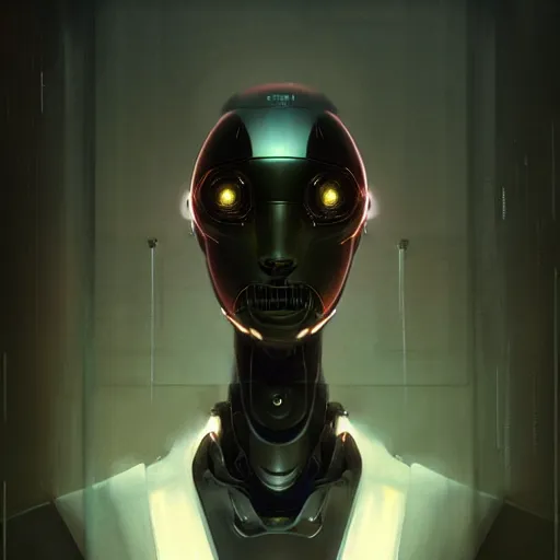 Image similar to dark digital concept art portrait of a high - tech robot on a depth of field background, artstation, award - winning realistic sci - fi concept art by jim burns and greg rutkowski, beksinski, a realism masterpiece, moody color palette, james gilleard, bruegel, alphonse mucha, and yoshitaka amano