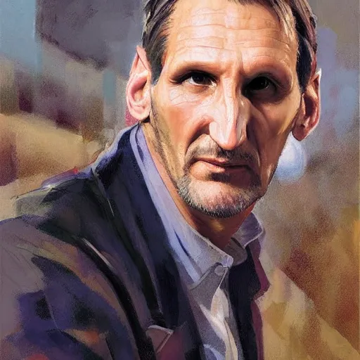 Prompt: a highly detailed beautiful portrait of christopher eccleston doctor who by gregory manchess, james gurney, james jean