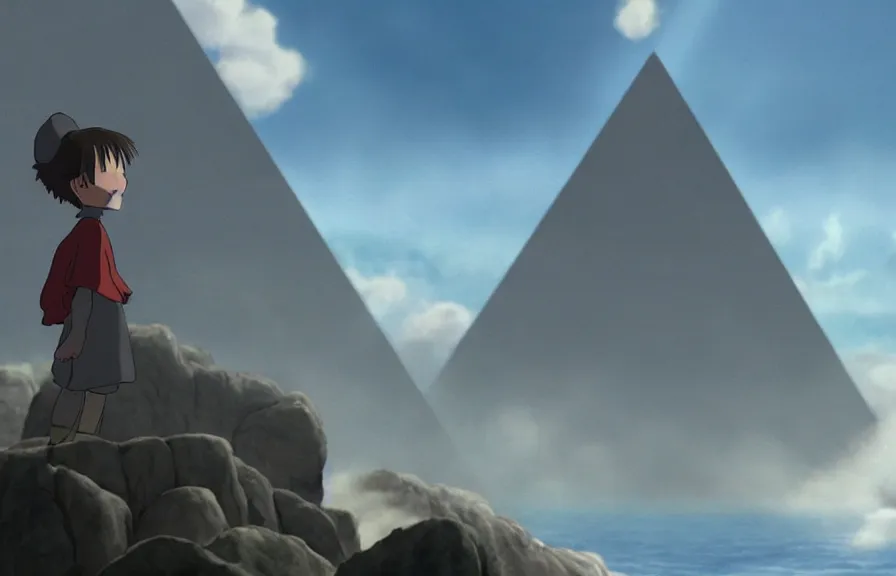 Image similar to a movie still from howl's moving castle ( 2 0 0 4 ). realistic cell - shaded cartoon of a monk in a grey robe in the background is a white pristine pyramid in the ocean. shafts of sunlight come from above. wide shot, very dull muted colors, hd, 4 k, hq