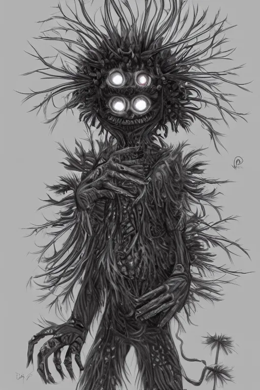 Image similar to a humanoid figure dandelion monster with large glowing eyes, highly detailed, digital art, sharp focus, trending on art station, artichoke, anime art style