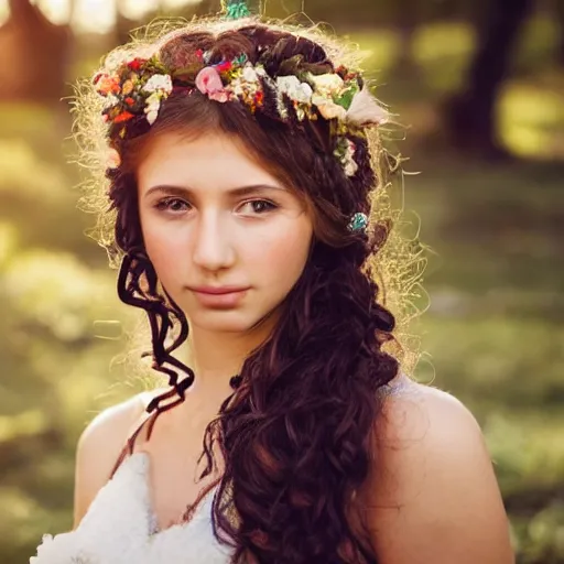 Image similar to a portrait of a young girl with curly long hair and birds on her head, there's flowers everywhere, very beautiful ambient light with sun rays hitting her hair, 8k photography, wedding photography