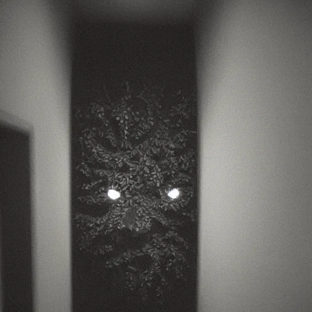 Prompt: cctv grainy unfocused dark cable concertina bush beast in hallway