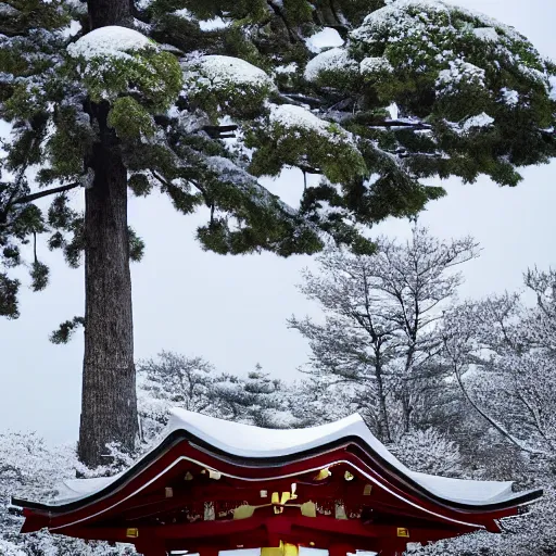 Prompt: a shinto shrine atop a mountain,snowy,beautiful nature,distant shot