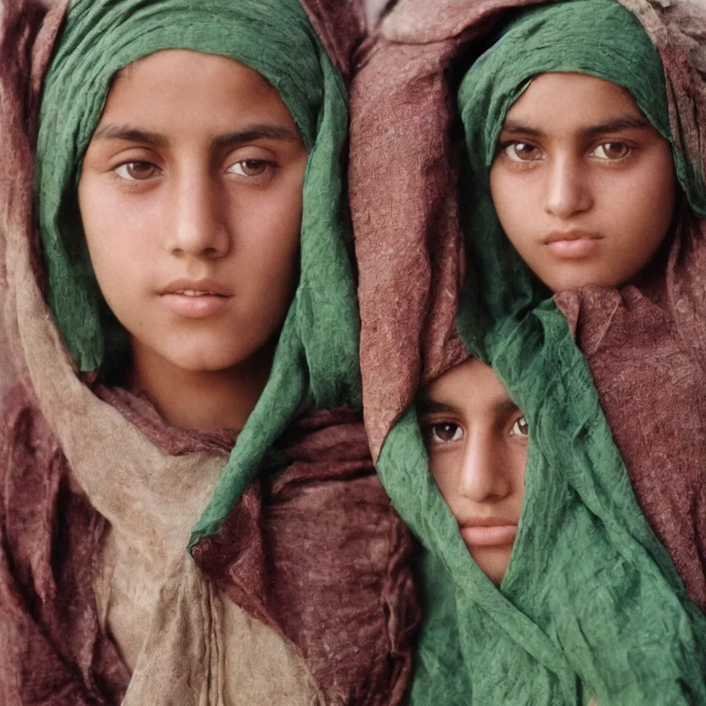 Image similar to a teenage girl og afghani descent with strikning green eyes stares into the camera with deep read headscarf. kodachrome