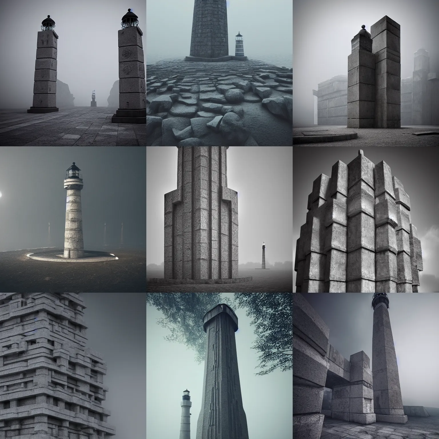 Prompt: detailed intricate carved geometric monolith lighthouse, made of stone and concrete, brutalism style, dark and misty, full shot, full height, 8K octane render