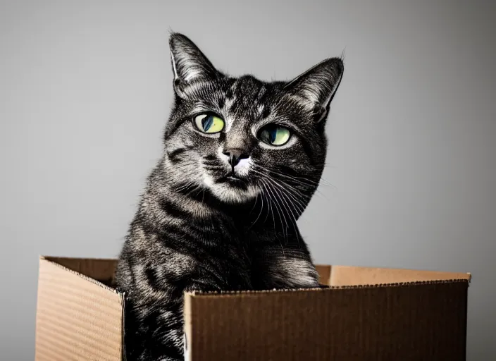 Image similar to photography of a Cat sitting on a box. in a room full of posters, photorealistic, raining award winning photo, 100mm, sharp, high res