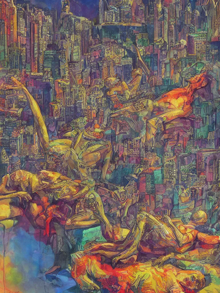 Image similar to demons dream of sleeping in a beautiful city, high detailed, art by jack butler, part by chris gwaltney dominic besner, colourful