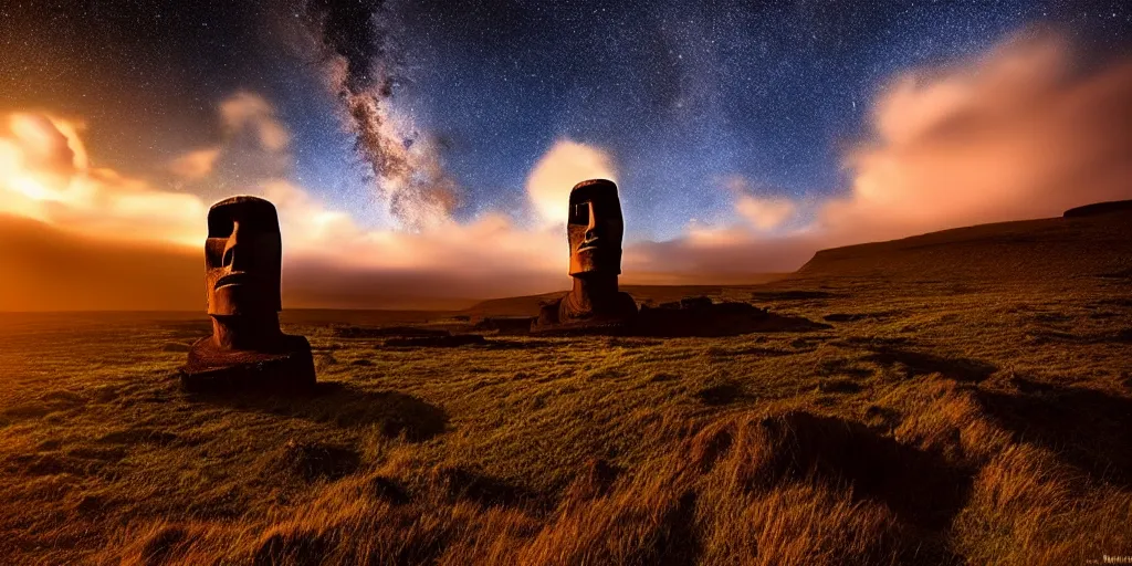 Prompt: amazing landscape photo of astronaut in easter island at dawn by Marc Adamus beautiful dramatic lighting