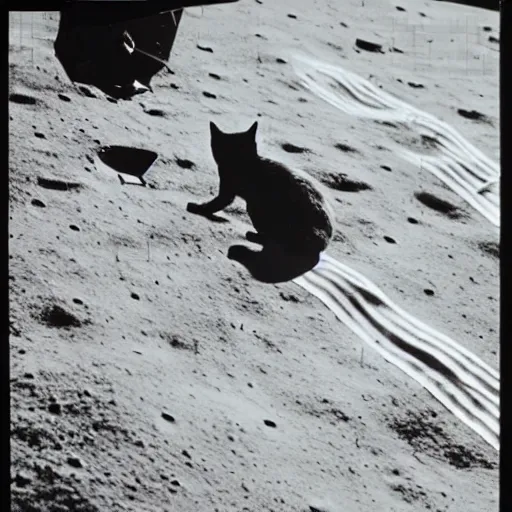 Image similar to A photo of a cat's first step on the Moon, 1969, old camera