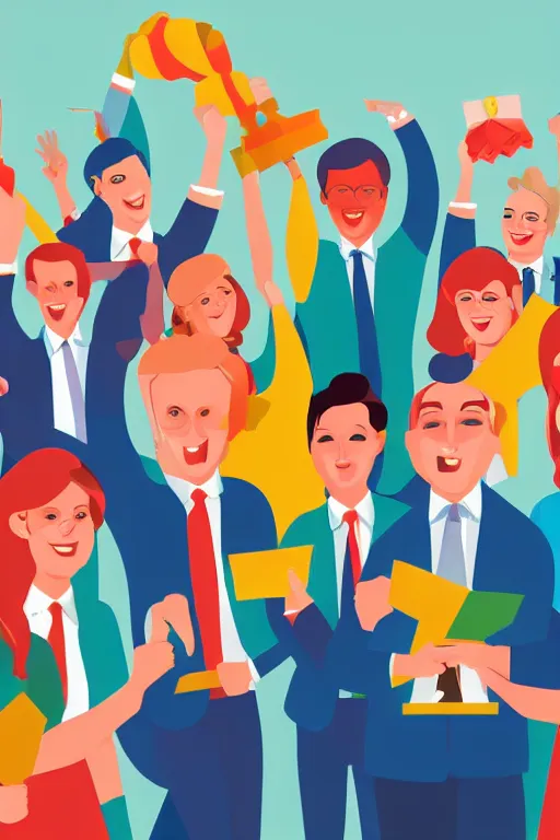 Image similar to corporate Vector illustration of business people jubilant at winning a prize, colourful, high detail, broadband.