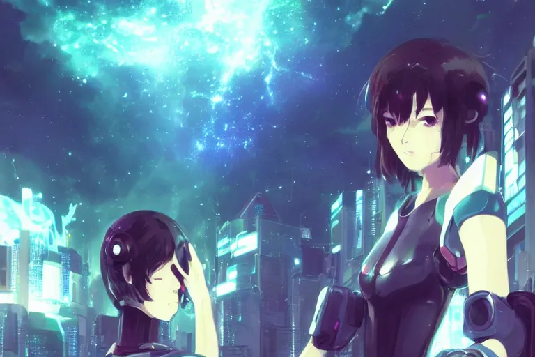 Prompt: makoto shinkai robotic android girl futuristic cyberpunk dystopia vibrant nebula sky