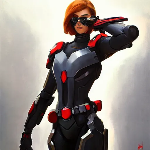 Prompt: greg manchess portrait painting of light armored black widow as overwatch character, medium shot, asymmetrical, profile picture, organic painting, sunny day, matte painting, bold shapes, hard edges, street art, trending on artstation, by huang guangjian and gil elvgren and sachin teng