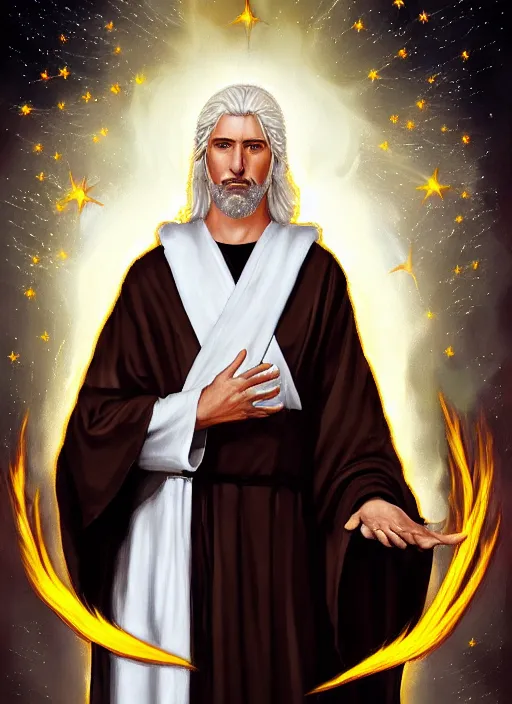Prompt: « portrait of the white - haired jesus in a white robe and flaming yellow eyes, holding seven stars in right hand, high - contrast, intricate, elegant, highly detailed, digital painting, artstation, concept art, smooth, illustration »